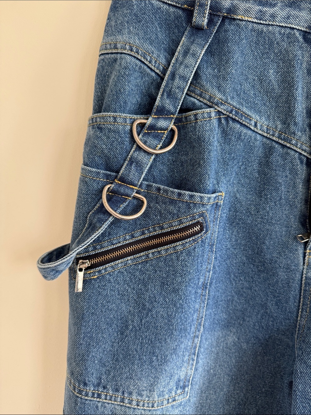 Wide Leg Blue Denim Jeans with Utility Pockets - Picture 2 of 6